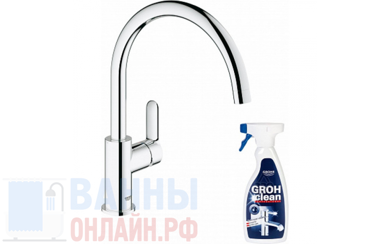 Смеситель Grohe BauEdge 31367000 для кухонной мойки + Средство для очистки Grohe Grohclean 48166000