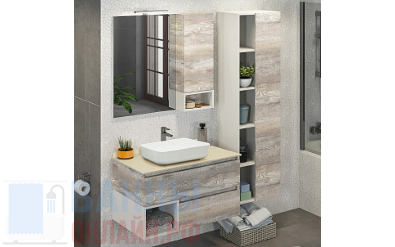 Мебель для ванной Comforty Прага 90 дуб бежевый, с бежевой столешницей